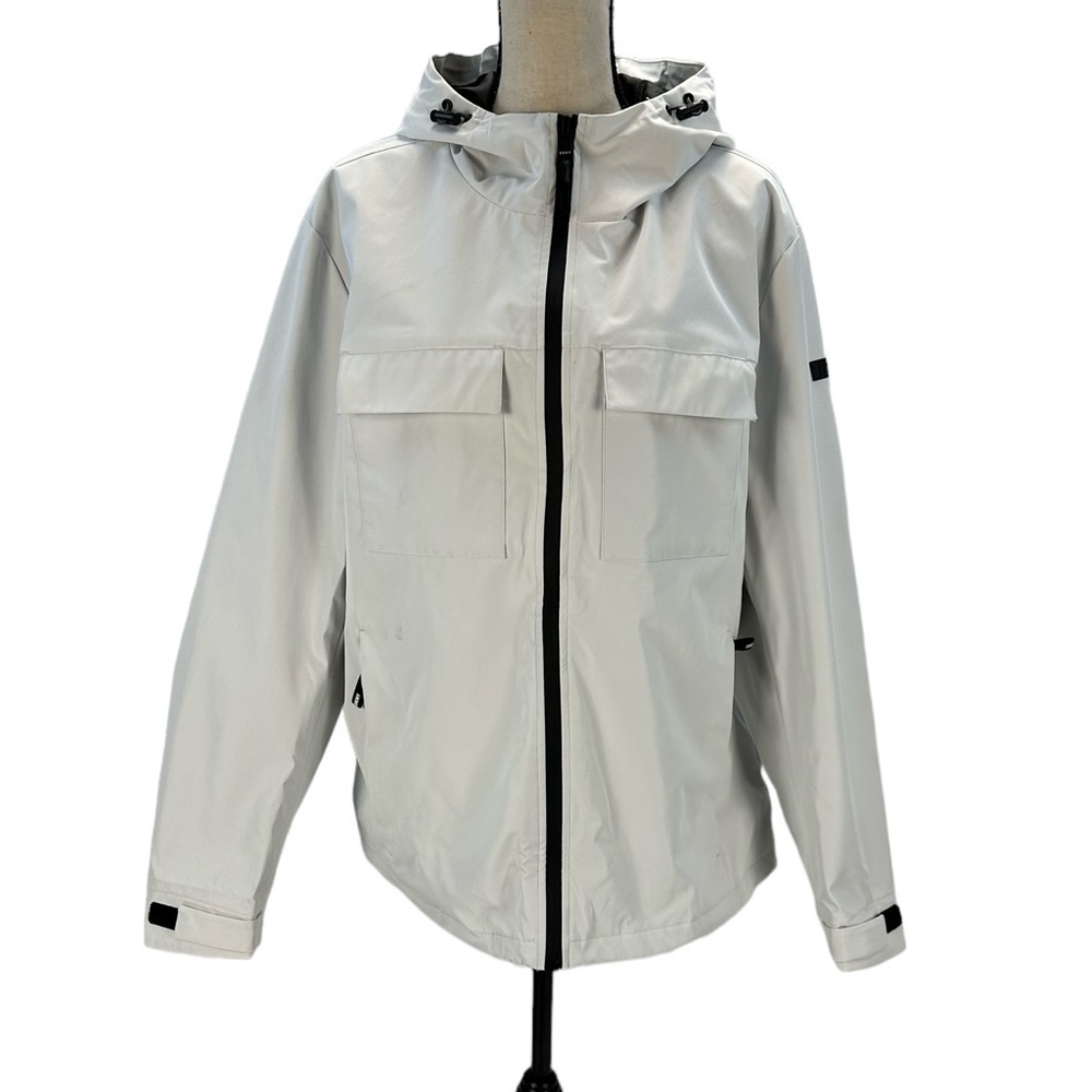 DKNY Long Sleeve Hooded Windbreaker Cargo Jacket Coat - Beige / Ivory - Large